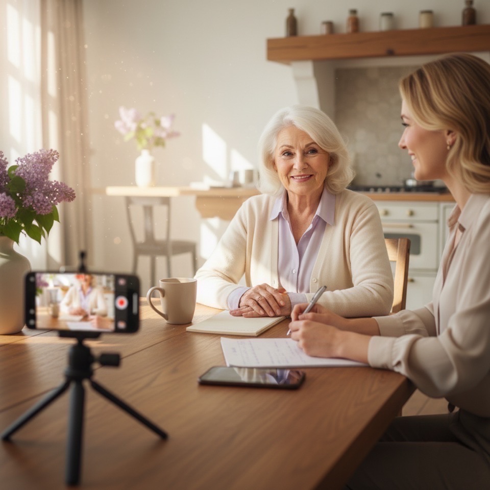 Grandmother sharing her story via an iPhone interview
