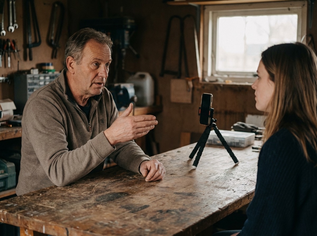 Father telling his story in a workshop while being recorded on a smartphone.
