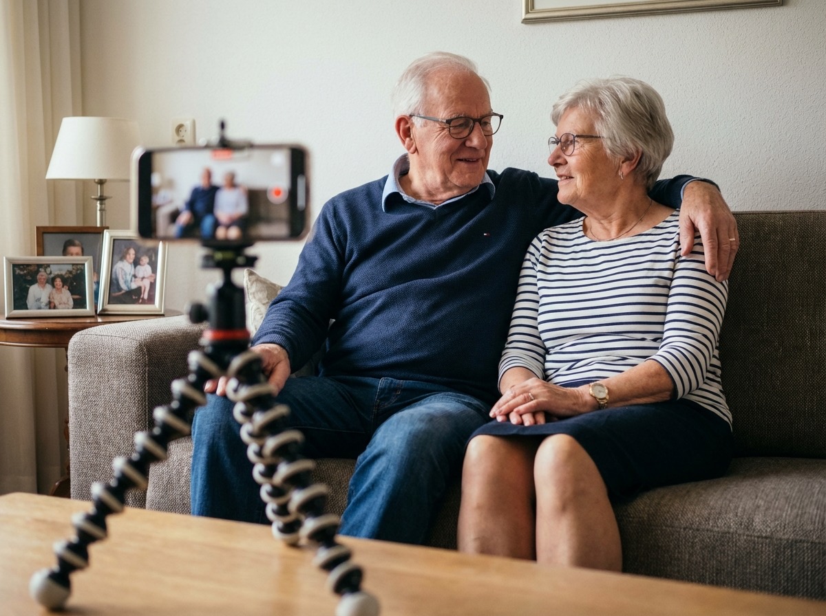 Older couple on a couch being recorded on a smartphone during a story session.