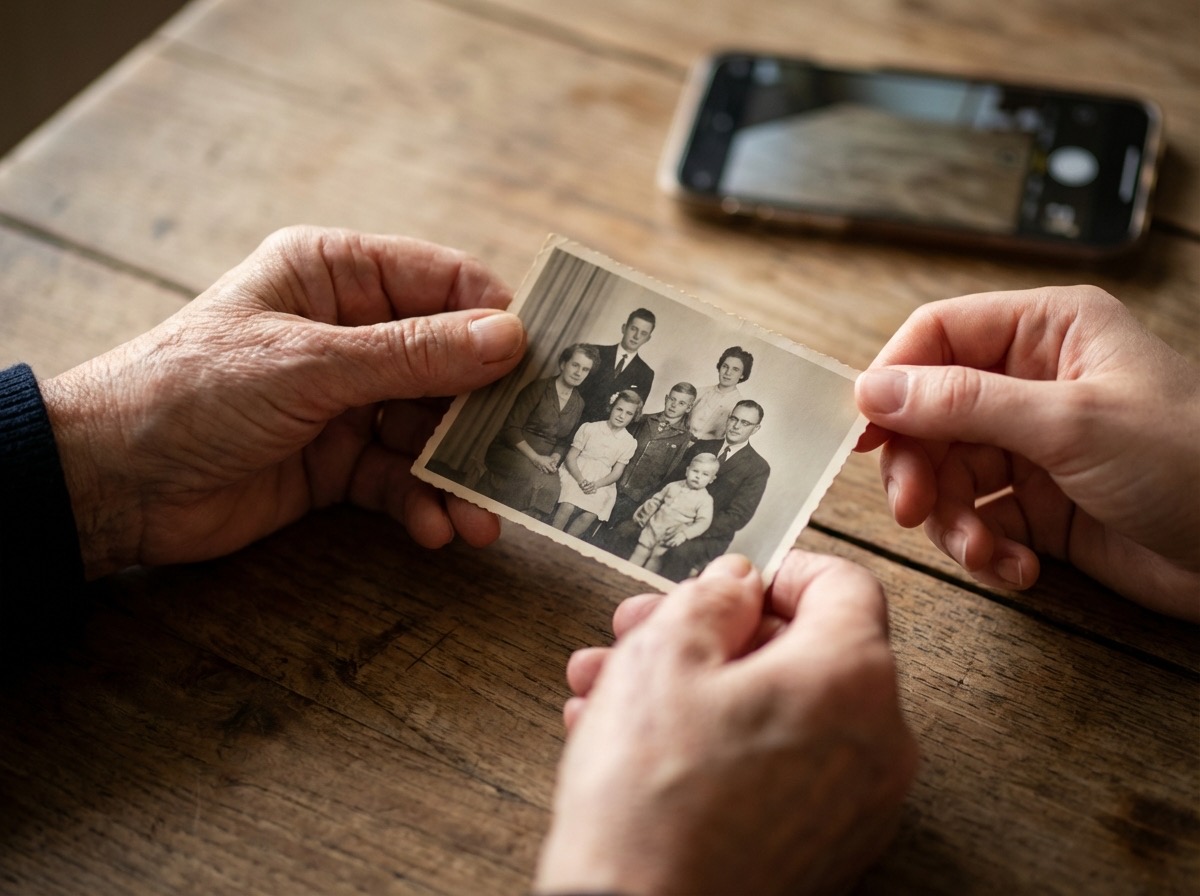 Hands holding an old family photo on a wooden table next to a smartphone.
