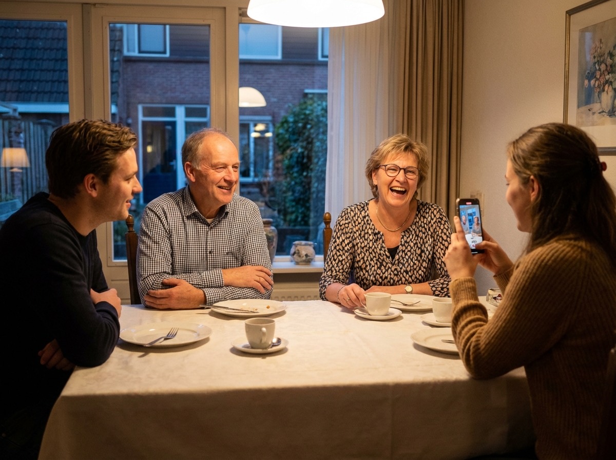 Family gathered for dinner while someone records a story on a phone.