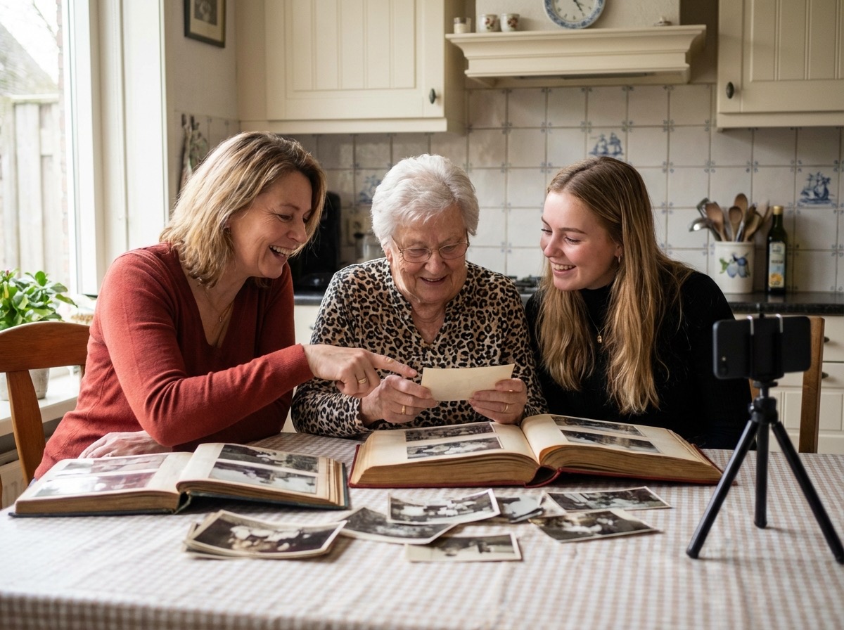 Grandmother, daughter, and granddaughter looking through a photo album with a phone recording.