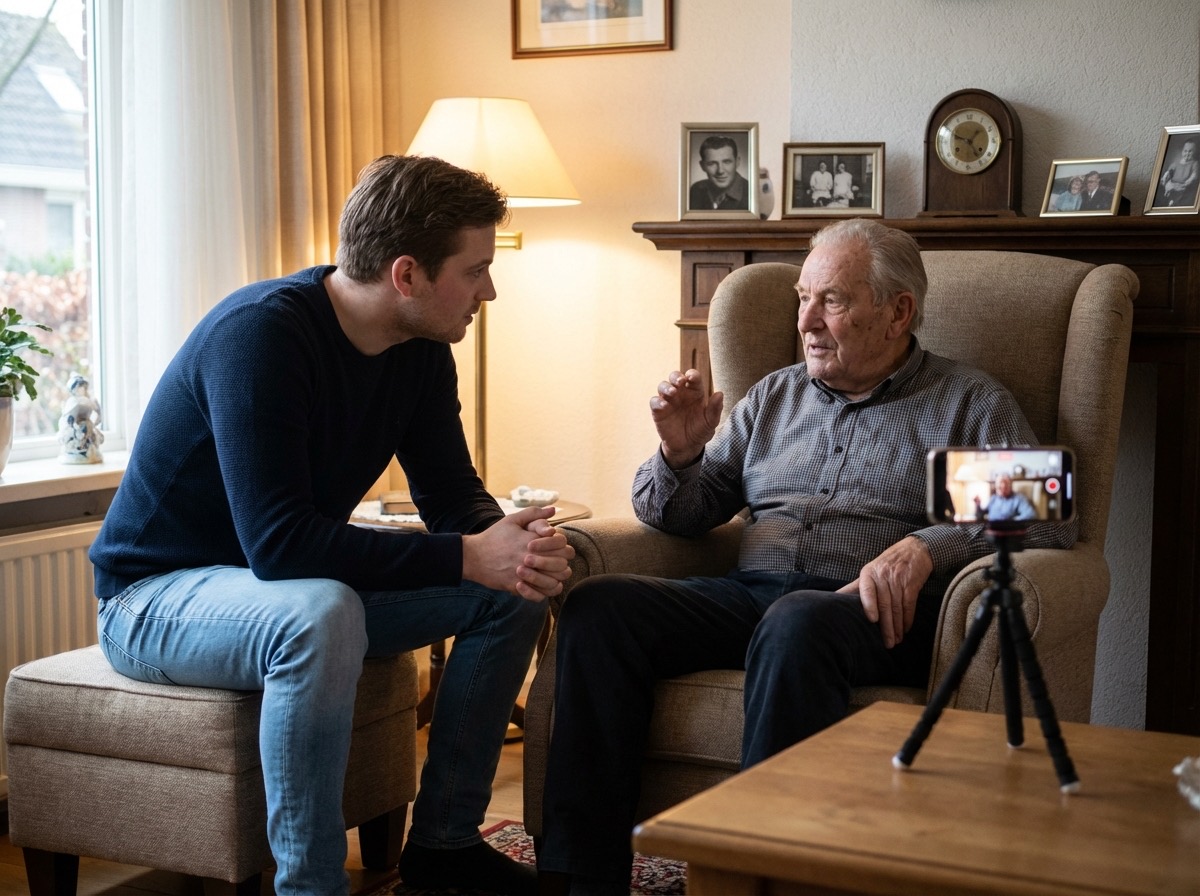 Grandfather sharing stories with a grandson while a phone records the conversation.
