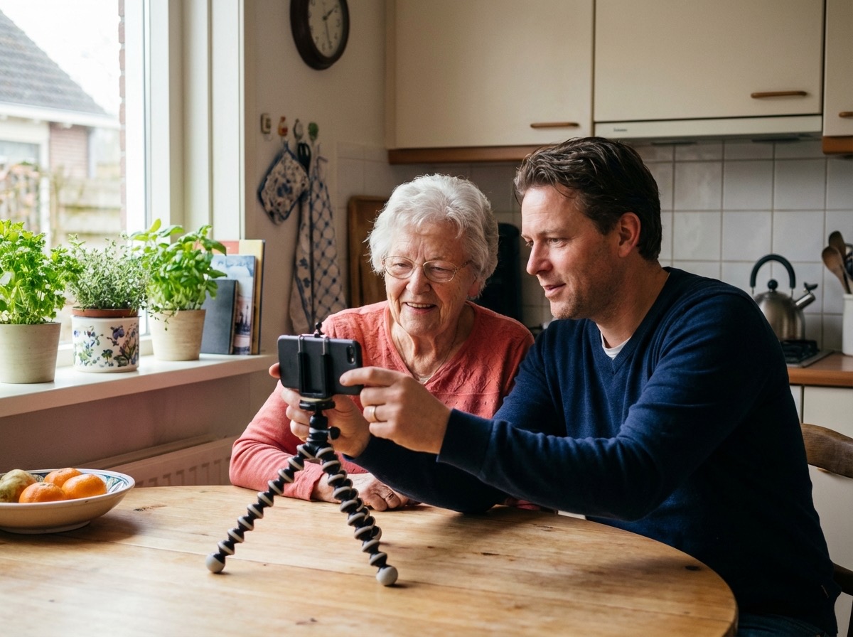 Moeder en dochter in de keuken met een telefoon op statief tijdens een gesprek.