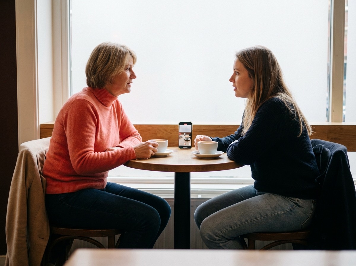 Mother and daughter talking at a cafe table with a phone in the middle.