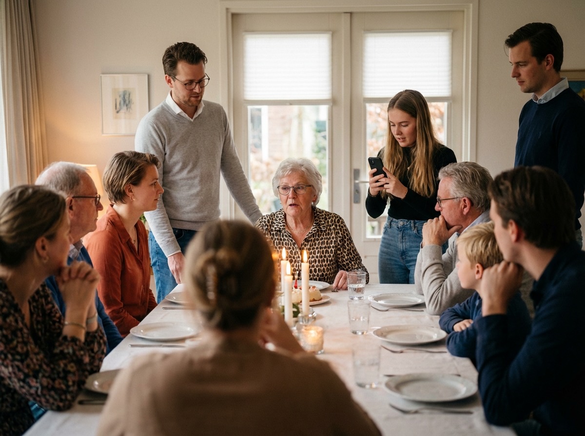 Open familiebiografie met foto’s op een tafel, naast oude foto’s.