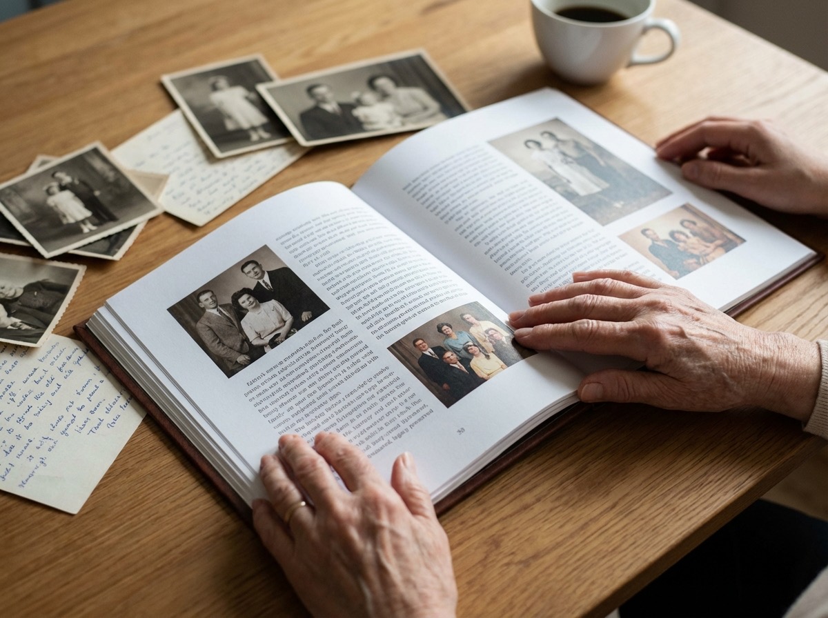 Open boek met familiefoto’s en een kop koffie op tafel.