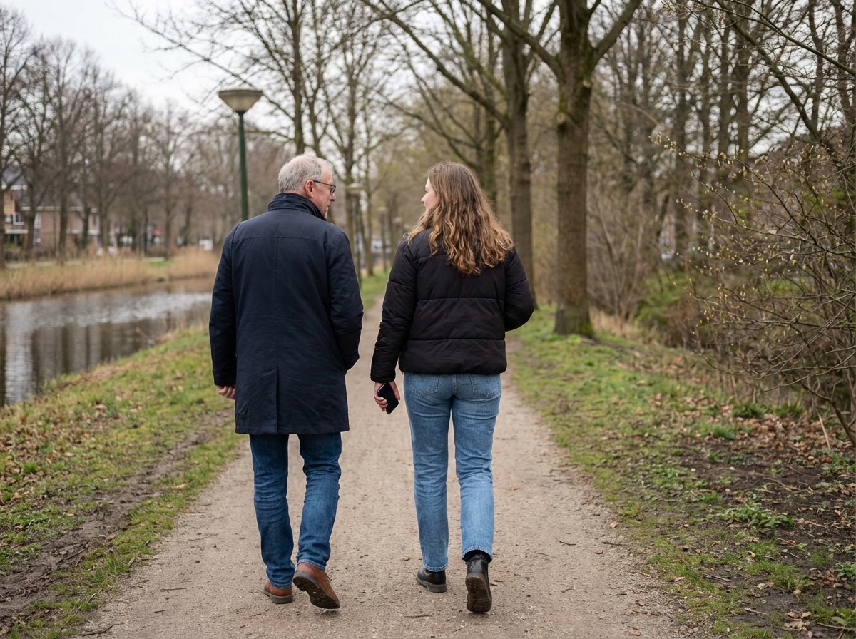Vader en dochter wandelen langs het water en praten over herinneringen.