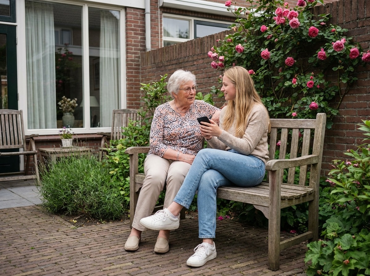 Kleindochter en oma op een tuinbank met een telefoon tijdens een gesprek.