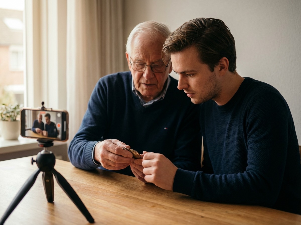 Opa en kleinzoon bekijken een munt terwijl een telefoon het gesprek opneemt.