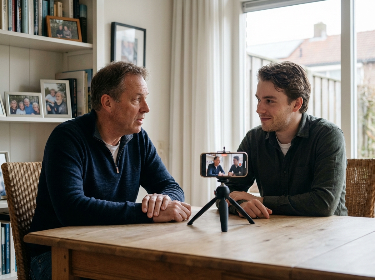 Zoon die zijn vader interviewt aan de keukentafel met een smartphone op statief.