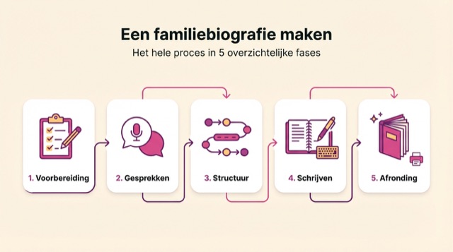 Infographic met 5 fases: voorbereiding, gesprekken, structuur, schrijven, afronding.