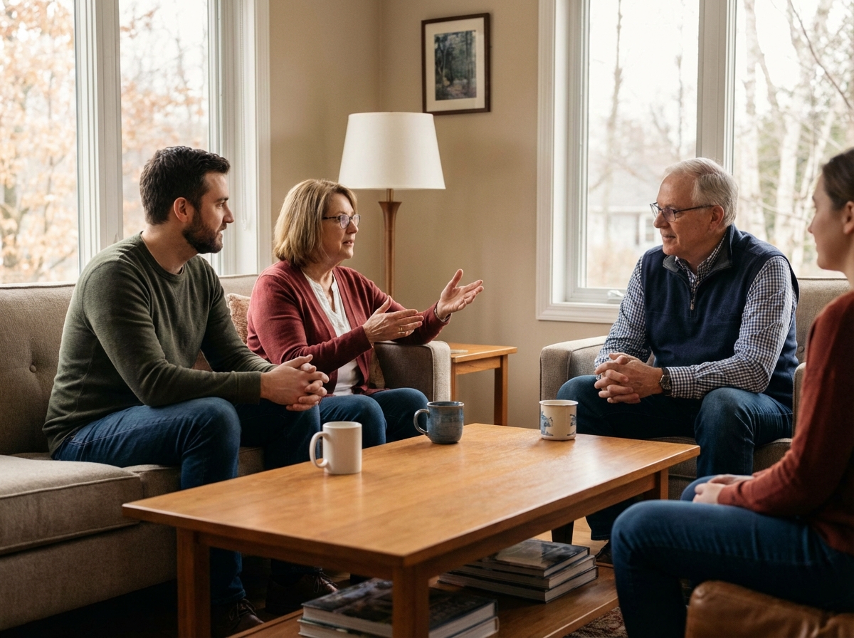 Een familiegesprek met meerdere generaties aan tafel