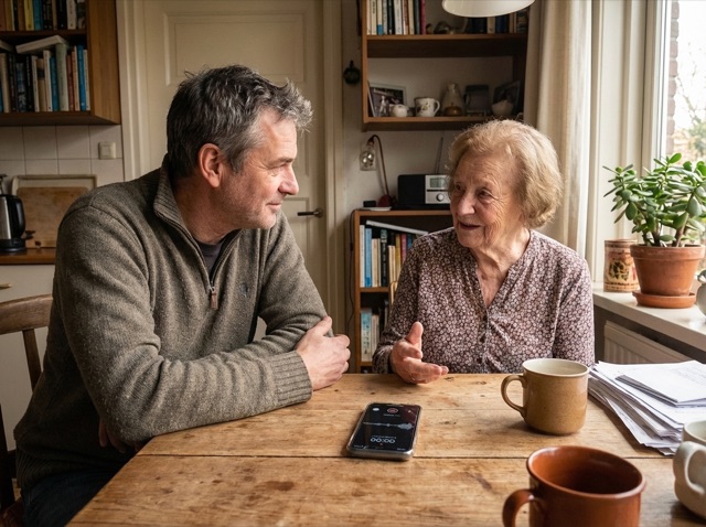 An adult son having a warm conversation to collect memoires for a biography with his mother while recording audio on a phone.