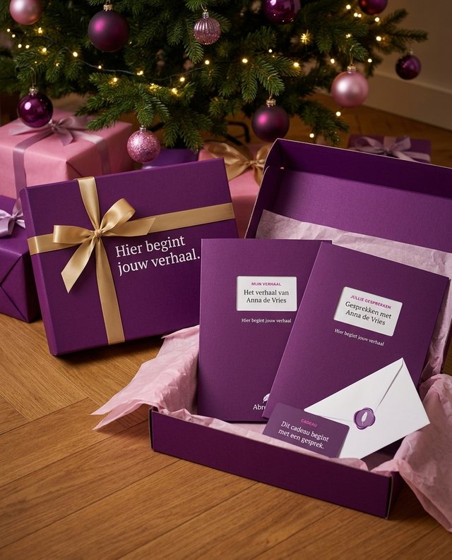 Mood image: the Abrevity gift set, a purple box with two folders, a card and an envelope, under a Christmas tree